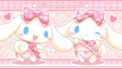 1boy abstract_background absurd_res belly_button blue_eyes blush_stickers bottomwear bow cinnamon_(cinnamoroll) cinnamoroll cinnamoroll_(series) crossdressing cute dress dress_lift heart long_ears looking_at_viewer looking_back panties presenting_panties punimofu ribbon sanrio smiling striped_panties