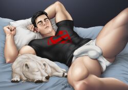 actor asmodis_(artist) big_bulge boner bulge celebrity conner_kent dc dc_comics erect_penis erection erection_under_underwear hard_on huge_bulge in_character joshua_orpin kon-el laying_on_bed male male_only muscles muscular muscular_male sleeping spread_legs superboy superboy_(conner_kent) superman_(series) titans