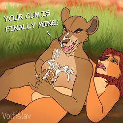 1boy1girl anthro balls bodily_fluids breasts cum cum_on_breasts cum_on_face cum_on_hand defeated dialogue disney dominant dominant_female duo felid female foreskin furry genital_fluids genitals handjob hi_res lion male male/female mammal open_mouth pantherine penile penis savanna sex simba the_lion_king volfislav wrestling zira