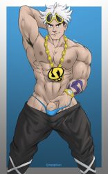 armpit_hair armpits bara barazoku guzma_(pokemon) hairy_armpits looking_at_viewer male male_only muscles muscular muscular_male neppikun npc_trainer pants_down pecs penis_peek pokemon pokemon_sm teasing thong veiny_penis yaoi