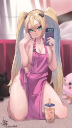 1girls apron apron_only bed black_nails blonde_hair bubble_tea emerald_eyes female female_only indoors light-skinned_female light_skin phase_connect phase_origins plushies rinkou_ashelia rrad_lab_(@rooberrad) selfie sideboob smartphone solo virtual_youtuber