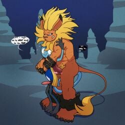absurd_res anthro argon_vile bandai_namco bodily_fluids chameleon crossover dialogue digimon digimon_(species) felid gay generation_8_pokemon genitals hi_res inteleon leomon lizard male male/male male_only mammal muscular nintendo penis pokemon pokemon_(species) reptile scalie sweat yaoi