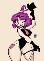 breasts female jek_korpen pink_eyes purple_hair solo tagme thighs top_hat wink