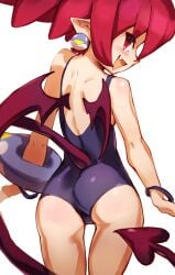 absurdres ass back blue_one-piece_swimsuit bracelet cameltoe commentary covered_anus demon demon_girl demon_tail demon_wings disgaea earrings english_commentary etna fang female from_behind highres jewelry looking_back one-piece_swimsuit open_mouth penguru_086 pink_eyes pink_hair prinny simple_background slit_pupils solo swimsuit tail thigh_gap thighs white_background wings