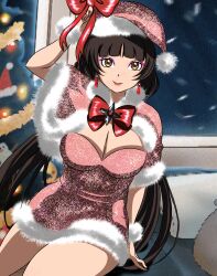 1girls adapted_costume alternate_costume alternate_hairstyle blunt_bangs blush boruto:_naruto_next_generations breasts busty capelet center_opening christmas christmas_outfit christmas_tree cleavage couch dress earrings eyeliner female female_only fur_trim glitter hair_down hair_ribbon indoors jewelry kunoichi lipstick long_hair looking_at_viewer loose_hair makeup mature mature_female milf moonyart0 naruto naruto_(series) ninja no_bra revealing_clothes ribbon ribbon_trim santa_hat shuriken sitting solo solo_focus sparkles tenten very_long_hair voluptuous window wristband