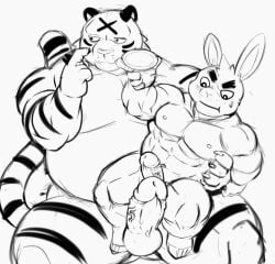 2023 anthro balls bodily_fluids clothing duo erection felid genitals hi_res hupi1008 kemono lagomorph leporid male male/male mammal muscular muscular_male nipples one_eye_closed overweight overweight_male pantherine penis rabbit sweat tiger wink