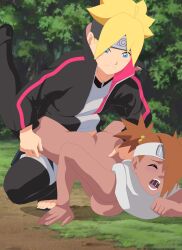 1boy1girl akimichi_chouchou akimichi_chouchou(post-butterflymode) ambiguous_penetration bent_over big_breasts boots boruto:_naruto_next_generations breasts closed_eyes clothed/nude clothed_male_nude_female clothed_on_nude clothed_sex dark-skinned_female dark_skin doggy_style forehead_protector forest hair_over_one_eye headband interracial jacket kneeling konohagakure_symbol kunoichi light-skinned_male light_skin lying lying_on_stomach male/female moaning naked naked_with_shoes_on naruto naruto_(series) nature ninja outdoors pants scarf screaming sex shinobi squatting straight tied_hair twintails uzumaki_boruto waist_grab