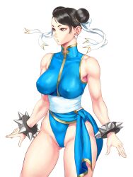 1girls adapted_costume bangs black_hair blue_leotard bracelet breasts brown_eyes cameltoe capcom chun-li clothing_aside collarbone covered_erect_nipples double_bun earrings erect_nipples erect_nipples_under_clothes female fingernails gluteal_fold hair_bun hair_ribbon impossible_clothes impossible_leotard jewelry large_breasts leotard looking_to_the_side pelvic_curtain pelvic_curtain_aside red_eyeliner ribbon sash short_eyebrows short_hair shu-mai skin_tight solo spiked_bracelet spikes standing street_fighter street_fighter_ii swept_bangs thick_thighs thighs