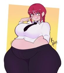 belly belly_button big_breasts big_thighs blushed chainsaw_man chubby chubby_female colored_background fat fat_belly fat_thighs huge_thighs makima_(chainsaw_man) obese_female office_clothing overweight pink_poison67 pointing_at_self red_hair thick_thighs tie tongue_out yellow_eyes