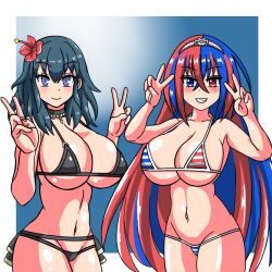 2girls alear_(female)_(fire_emblem) alear_(fire_emblem) alternate_costume bikini black_bikini black_swimsuit blue_bikini blue_eyes blue_hair blue_swimsuit breasts byleth_(fire_emblem) byleth_(fire_emblem)_(female) double_v female female_only fire_emblem fire_emblem:_three_houses fire_emblem_engage fire_emblem_heroes heterochromia looking_at_viewer multicolored_hair nintendo official_alternate_costume red_bikini red_eyes red_hair red_swimsuit swimsuit teal_hair theyosinoba v