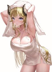 1girls 2022 absurdres armpits arms_behind_head arms_up bangs blonde_hair breasts breath chanpower233 cleavage covering cowboy_shot drying drying_hair female highres holding holding_towel holoforce hololive hololive_japan horns large_breasts leaning_forward long_hair looking_at_viewer naked_towel nude_cover parted_lips purple_eyes sheep_girl sheep_horns sidelocks simple_background solo thighs towel tsunomaki_watame virtual_youtuber wet white_background white_towel