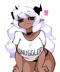 black_sclera breasts choker clothed clothing dark-skinned_female female horns jek_korpen solo tagme thighs white_hair