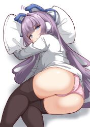 1girls ass azur_lane bangs black_legwear blue_eyes blush feet_out_of_frame hi_res legwear long_hair long_sleeves looking_at_viewer lying moyoron on_side panties pillow purple_hair shadow shirt simple_background tashkent_(azur_lane) thighhighs underwear very_long_hair white_background