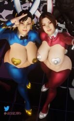 1boy 2girls 3d azzat breasts bunny_ears bunnysuit capcom chun-li crossover dark-skinned_male dark_skin death_battle female heart_pasties interracial king_of_fighters large_breasts mai_shiranui male pasties reverse_bunnysuit selfie street_fighter street_fighter_v tagme