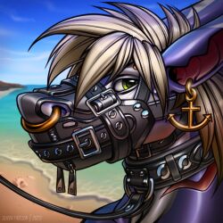 1:1 2023 ambiguous_gender anthro artist_name beach black_collar black_leash blonde_hair blue_sky bondage bondage bound bust_portrait collar dated ear_piercing ear_ring eyebrow_piercing facial_piercing gills glistening glistening_eyes green_eyes hair leash looking_at_viewer muzzle_(object) muzzled nose_piercing nose_ring outside piercing portrait purple_body ring_piercing seaside septum_piercing septum_ring sky slash_freezen solo white_body