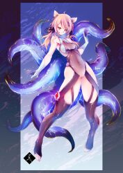 1girl animal_ears armpits bangs bare_shoulders barefoot blonde_hair breasts cat_ears cat_tail catgirl cleavage covered_navel eyebrows_visible_through_hair feet full_body gloves highleg large_breasts long_hair looking_at_viewer medium_breasts navel open_mouth purple_eyes red_eyes see-through slit_pupils smile solo squchan_(vtuber) standing tail tentacle tentacles thighhighs toeless_legwear toes virtual_youtuber vyugen