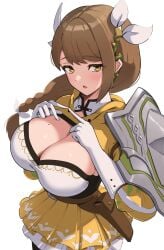 1girls absurdres armor bangs blush braid braided_ponytail breasts brown_hair cleavage female female_only fire_emblem fire_emblem_engage gloves goldmary_(fire_emblem) gonzarez hair_ornament hair_ribbon highres large_breasts long_hair looking_at_viewer mole mole_on_breast nintendo open_mouth ribbon simple_background solo white_background white_gloves yellow_eyes