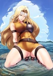 1girls alternate_version_available ass_visible_through_thighs bare_legs bare_thighs blonde_hair bottomless breasts brigid_(fire_emblem) female female_only fire_emblem fire_emblem:_genealogy_of_the_holy_war grin headband large_breasts legs long_hair looking_at_viewer nintendo outdoors smile solo thick_thighs thighs tomorrowsjoker very_long_hair water yellow_eyes