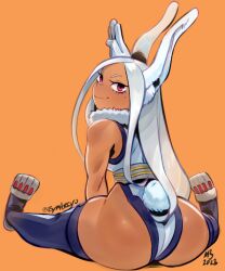 1girls ass bunny_ears bunny_girl bunny_tail dark-skinned_female dark_skin eymbee female female_only hi_res leotard long_hair looking_at_viewer looking_back looking_back_at_viewer miruko my_hero_academia orange_background pink_eyes rear_view rumi_usagiyama sitting smiling smiling_at_viewer solo thick_thighs white_hair year_of_the_rabbit