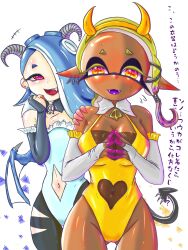 2girls alternate_costume blue_hair chocolate_and_vanilla clothing costume dark-skinned_female dark_skin frye_(splatoon) halloween halloween_costume hand_to_head japanese japanese_text light-skinned_female light_skin looking_at_viewer nervous nervous_face nervous_smile nintendo open_mouth red_eyes shiver_(splatoon) splatoon splatoon_3 succubus_costume t2ukmyjm tentacle tentacle_hair thick_thighs translation_request twitter white_background wings yellow_eyes yellow_hair