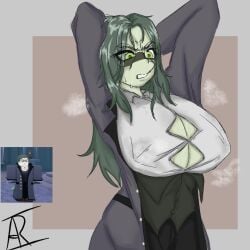 1girls adoniasfra angry_face arms_behind_head big_breasts breasts celtor_(deepwoken) clothed deepwoken duke_erisia_(deepwoken) genderswap_(mtf) glasses green_eyes green_hair green_skin reference_image roblox roblox_game robloxian rule_63 sweat tagme