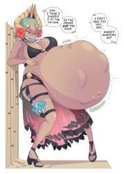 2girls absurd_res accidental_vore after_vore alternate_costume belly_button big_belly big_breasts black_footwear black_one-piece_swimsuit black_swimsuit brown_skin burp burping cleavage clothing crown dagger dark-skinned_female dark_skin english_text female_only fire_emblem fire_emblem_heroes flower_in_hair green_hair gunnthra_(fire_emblem) hi_res high_heel_sandals huge_belly implied_vore laegjarn_(fire_emblem) laegjarn_(summer)_(fire_emblem) large_belly large_breasts multicolored_hair multiple_girls nintendo official_alternate_costume one-piece_swimsuit orange_hair post_vore red_eyes same_size_vore sandals sarong softservice stomach_bulge swimsuit text thick_thighs unseen_character vore wide_hips