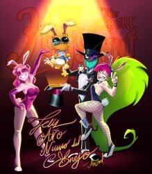 2boys 2girls alan_ituriel alan_ituriel_(artist) alternate_costume black_hat_(villainous) bunny_costume bunny_ear bunny_ears bunny_girl bunny_tail bunnygirl bunnysuit cartoon_network demencia_(villainous) dr._flug_(villainous) fangs female fishnets glasses green_hair heart-shaped_eyewear miss_heed_(villainous) monocle official_art one_eye_closed open_mouth pantyhose paper_bag pink_hair playboy_bunny rabbit red_hair sharp_teeth smile teeth tongue tongue_out top_hat villainous year_of_the_rabbit