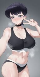 1girls 2023 absurdres alternate_version_available black_choker black_hair black_panties black_sports_bra blush breasts choker cleavage grey_background grey_eyes highres komi-san_wa_komyushou_desu komi_shuuko large_breasts looking_at_viewer mature mature_female mentha milf navel panties parted_lips peace_sign short_hair solo sports_bra steaming_body steamy_breath stomach sweatdrop underwear v