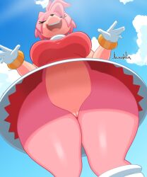 absurd_res amy_rose anthro big_breasts breasts clothed clothing female fur furry furry_only hi_res jhenightfox low-angle_view no_panties pussy solo sonic_(series) thick_thighs thunder_thighs wide_hips worm's-eye_view