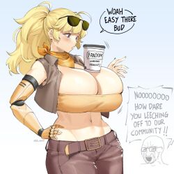 amputee blonde_hair breasts_bigger_than_head clothing cybernetics female female_focus female_only fully_clothed huge_breasts human large_breasts lilac_eyes long_hair lulu-chan92 massive_breasts meme neckwear outerwear pale_skin ponytail robotic_arm rooster_teeth rwby scarf sunglasses text text_bubble tubetop wojak wojak_comics yang_xiao_long