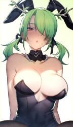 big_breasts bingsardina bunnysuit ceres_fauna gold_eyes green_hair hololive hololive_english hololive_english_-council- hololive_english_-promise- virtual_youtuber