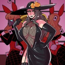 atlus black_lipstick bunny_ears bunny_girl bunny_tail bunny_waitress bunnysuit casino dress elbow_gloves evening_gown female female_only fishnets gloves goth goth_girl grey_hair heavy_makeup large_breasts latex latex_dress latex_gloves leotard loggus_doggus long_hair persona persona_5 persona_5_royal revealing_clothes sae_niijima shadow_(persona) shadow_sae shadow_waitress shiny_clothes sun_hat