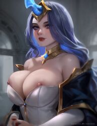 1girls big_breasts cinderone hair_ornament horn league_of_legends long_hair looking_at_viewer nipples partially_clothed purple_eyes silver_hair smile solo soraka standing