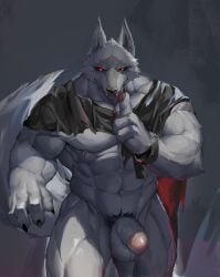 2023 4_fingers abs absurd_res anthro balls canid canine canis claws death_(puss_in_boots) digital_media_(artwork) fingers foooooxes fur genitals grey_body grey_fur hi_res looking_at_viewer male male_only mammal muscular muscular_anthro muscular_male nipple_piercing nipples obliques pecs penis piercing pubes puss_in_boots_the_last_wish serratus simple_background solo wolf