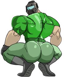 1boy absurd_res armor ass ass_focus big_ass big_butt big_muscles broly_culo butt butt_focus crouching doom doom_slayer_(doom) helmet highres human looking_back male male_only meme muscular muscular_human muscular_male parody simple_background solo spread_legs spreading unknown_artist white_background