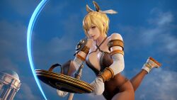 1girls alluring blonde_hair bra cassandra_alexandra crouching elbow_gloves panties pantyhose project_soul shoulder_pad silf soul_calibur soul_calibur_ii soul_calibur_iii soul_calibur_vi sunset sword_and_shield weapons