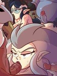 ahe_gao all_fours angry_sex artlaccer_(artist) ass_grab black_lipstick blowjob blue_hair blue_skin disney doggy_style eda_clawthorne fat_man forced forced_oral glasses gray_hair hand_on_head handjob heterochromia lilith_clawthorne lipstick lipstick_mark lipstick_on_penis male orgy penis pointy_ears purple_lipstick rape red_skin sisters smooth_skin the_owl_house very_long_hair witch