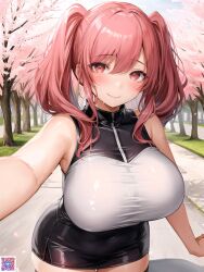 1girls ai_generated bangs bare_shoulders black_skirt black_thighhighs blush breasts cherry_blossoms closed_mouth covered_navel large_breasts long_hair looking_at_viewer myrr outdoors pink_eyes pink_hair reaching_out selfie skirt sleeveless smile solo stable_diffusion sweat thighhighs tree twintails voluptuous voluptuous_female zettai_ryouiki