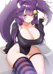 1girls amidasketchbook breasts female fluffy_ears fluffy_tail fox_ears fox_girl hips huge_breasts kemonomimi kitsune long_hair one_thighhigh original original_character peace_sign purple_hair striped_thighhighs tail thick_thighs thigh_strap thighs wide_hips yellow_eyes