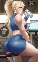 1girls absurdres ass big_ass big_butt blonde_hair blue_eyes breasts clothing echosaber female female_focus gym huge_ass large_breasts light-skinned_female long_hair metroid muscular_female nintendo png samus_aran sitting sport_shorts sports_bra sweat tagme text thick_thighs water_bottle