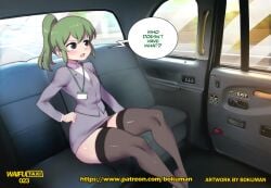 1girls blush bokuman business_suit business_woman color fake_taxi formal_clothes green_hair igarashi_futaba_(shiromanta) imminent_sex light-skinned_female light_skin lowres office_lady pantyshot pantyshot_(sitting) ponytail senpai_ga_uzai_kouhai_no_hanashi skirt small_breasts smaller_female speech_bubble text text_bubble thick_thighs thighhighs