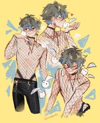 1boy 2022 artist_name artist_signature blush buttznhearts choker earring first_post_of_artist fishnets glasses grey_hair highlights ike_eveland kissing male male_only mesh_shirt necklace nijisanji nijisanji_en nipples twink virtual_youtuber wholesome wink yellow_background