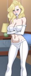 arms_crossed_under_breasts big_breasts blonde_hair blue_eyes breasts cleavage emma_frost female female_only marvel marvel_comics navel nipple_bulge nipples oni_(artist) rogue-like:evolution_(game) white_queen x-men