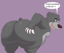 anthro ass baloo bear big_butt colossalstars disney hand_on_butt looking_back male male_only presenting smile solo text the_jungle_book thick_thighs ursid