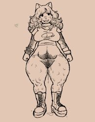 anthro belly blep blush blush_lines bodily_fluids body_hair boots bottomless bottomless_anthro bottomless_female bracelet breasts canid canine chubby_anthro chubby_female cleavage_cutout clothed clothing collar crop_top female footwear genital_fluids genitals hair half-closed_eyes happy_trail heart humanoid_genitalia humanoid_pussy jewelry leaking long_hair love_handles mammal monochrome narrowed_eyes pepper_(wonderslug) potbelly pubes pussy pussy_juice pussy_juice_leaking shirt simple_background slightly_chubby smile solo studded_bracelet sweat sweatdrop thick_thighs tongue tongue_out topwear were werecanid werecanine werewolf wide_hips wonderslug_(artist)