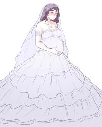 1girls braid bridal_veil bride dress fault_milestone female gown holding_belly lace long_dress motherly necklace pink_eyes pregnant purple_hair ritona_reighnvhasta solo veil wedding_dress wedding_veil white_dress wholesome