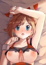 1boy 1girls armpits blue_eyes blush bow breasts brendan_(pokemon) brown_hair collarbone hair_bow hand_up human human_only looking_at_viewer lying male/female male_pov may_(pokemon) may_(pokemon_oras) nintendo nipples on_bed open_mouth paizuri penis pokemon pokemon_oras pov pov_crotch shirt shirt_lift straight sweat uncensored upper_body vein veiny_penis y0na