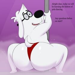 anthro ass big_butt canine colossalstars dreamworks glasses jay_ward_productions looking_at_viewer male male_only mr._peabody mr._peabody_and_sherman netflix presenting presenting_hindquarters solo stripper_pole text the_mr._peabody_and_sherman_show thick_thighs thong wink winking_at_viewer