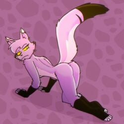 1:1 all_fours anthro ass big_butt domestic_cat felid feline felis female frown fur grumpy hair hi_res looking_at_viewer mammal multicolored_body multicolored_fur nude purple_body purple_fur purple_hair simple_background solarlewds solo two_tone_body two_tone_fur vanexa_(zoophobia) yellow_eyes zoophobia