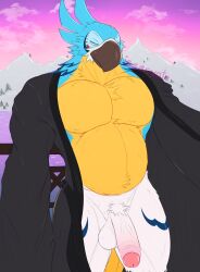 absurd_res anthro avian balls bathrobe beak big_balls big_penis bird blue_body blue_feathers breath_of_the_wild clothing feathers foreskin genitals hi_res humanoid_genitalia humanoid_penis isaacyote_(artist) kass_(tloz) kass_(zelda) male male_only musclegut muscular muscular_anthro muscular_male nintendo penis rito robe solo the_legend_of_zelda vein veiny_penis yellow_body yellow_feathers